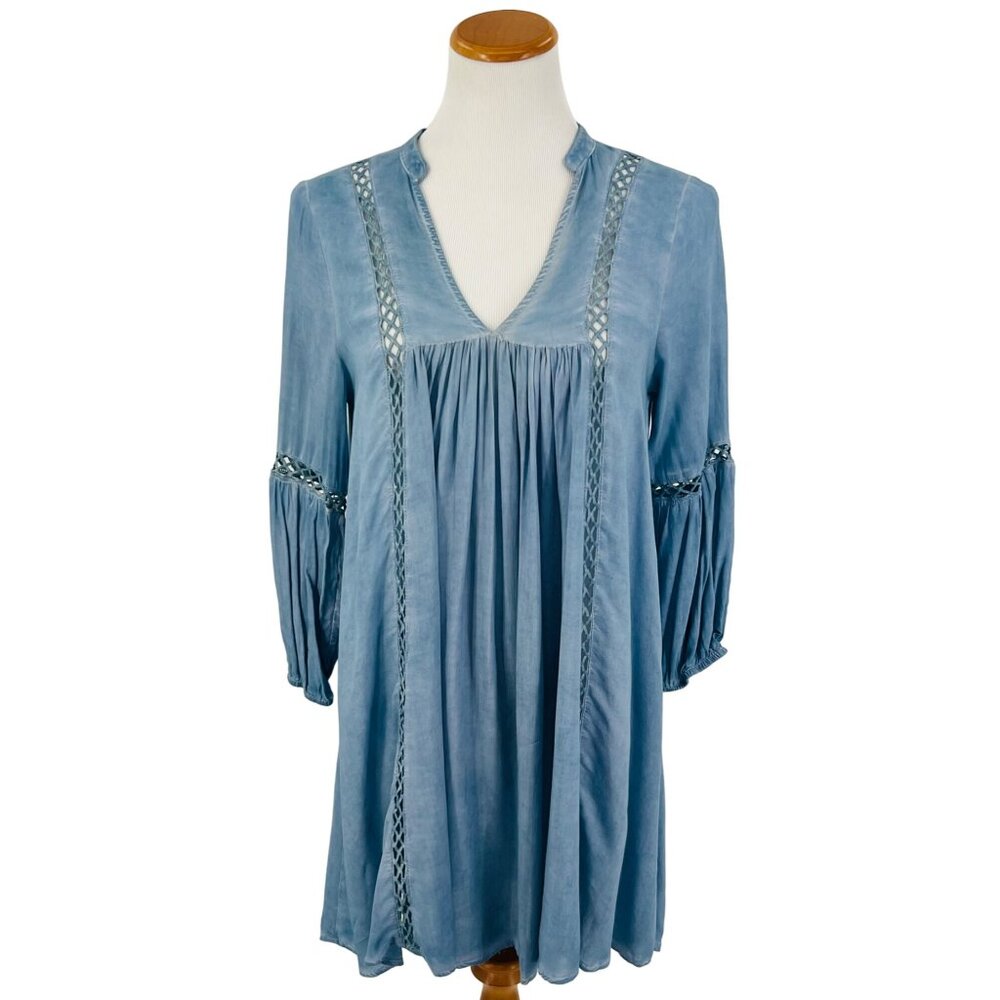 Dusty Blue Crochet Trim Relaxed Tunic Mini Shirt Dress | Coastal Cowgirl Boho S - Picture 2 of 11